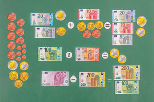Euro - Rechengeld, magn. 37 Scheine / 57 Münzen / 6 Rechenzeichen in RE-Wood Box