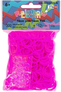 Rainbow Loom Latex-freie Gummibänder Silicone Neon pink Inh.: 300 Bänder 100 % Silikon + 12 C-Clips