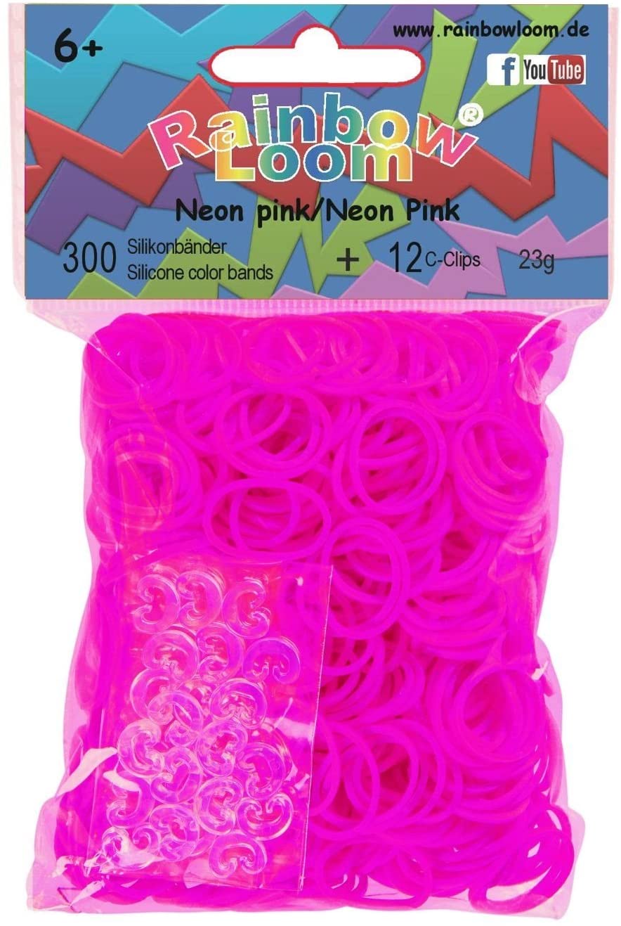 Rainbow Loom Latex-freie Gummibänder Silicone Neon pink Inh.: 300 Bänder 100 % Silikon + 12 C-Clips