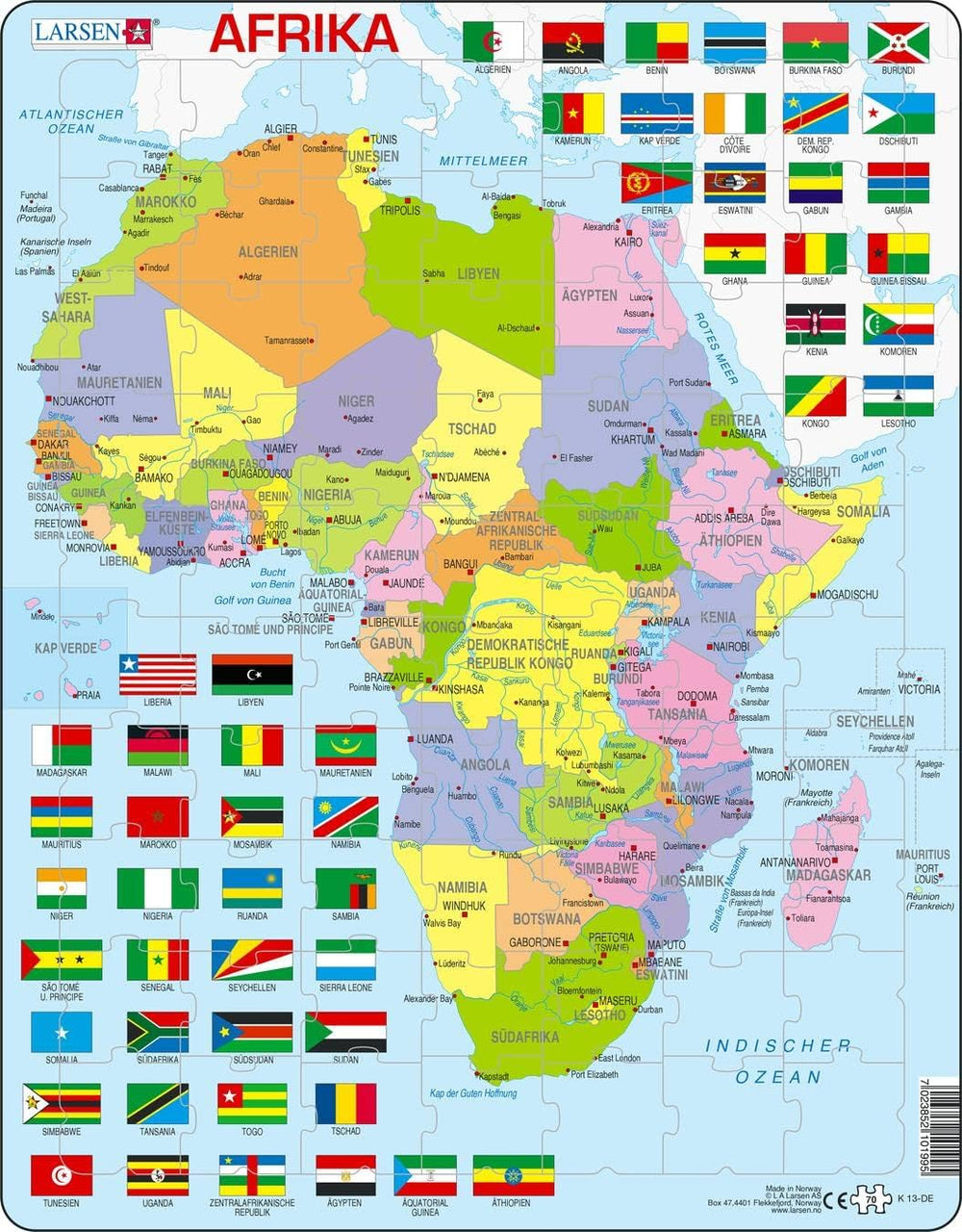 Larsen Puzzle Afrika (politische Karte), mit Flaggen am Rand 70-tlg.