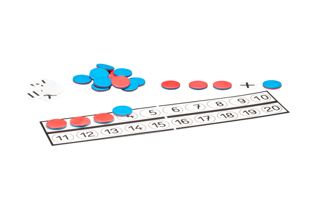 Rechenleiste mit 22 Wendeplättchen rot/blau aus RE-Plastic® und 10 Rechenzeichen im Polybeutel
