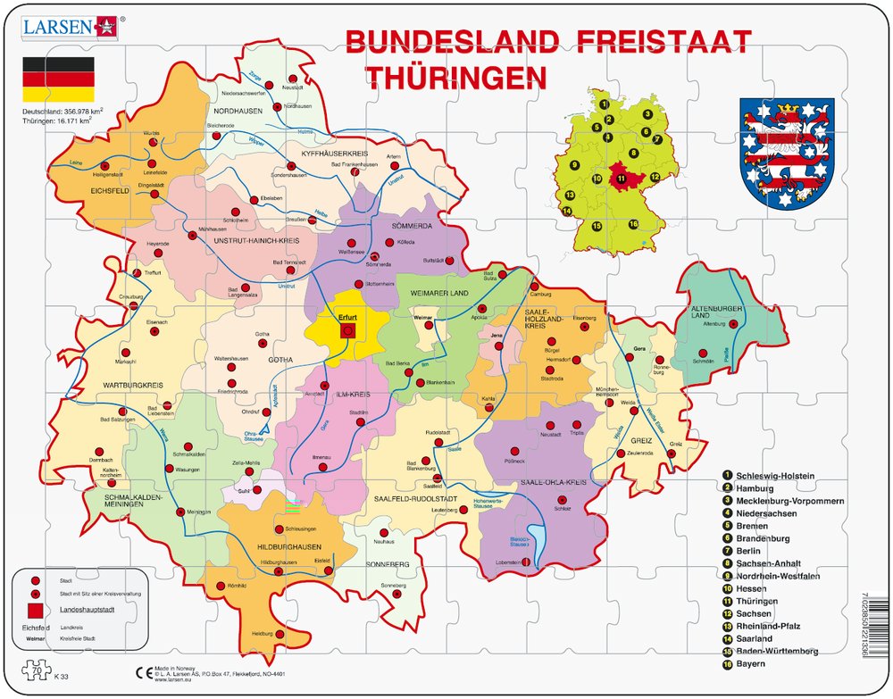 Larsen Puzzle Freistaat Thüringen (politische Karte) 70-tlg.