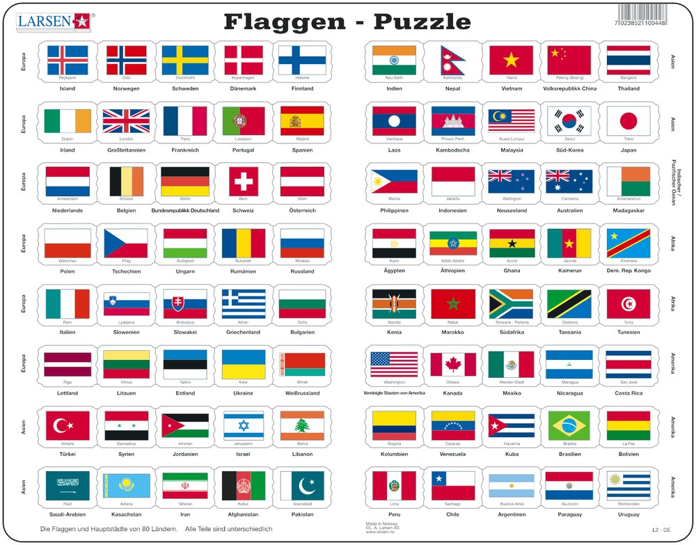Larsen Puzzle Flaggen und Hauptstädte von 80 Ländern 80-tlg.