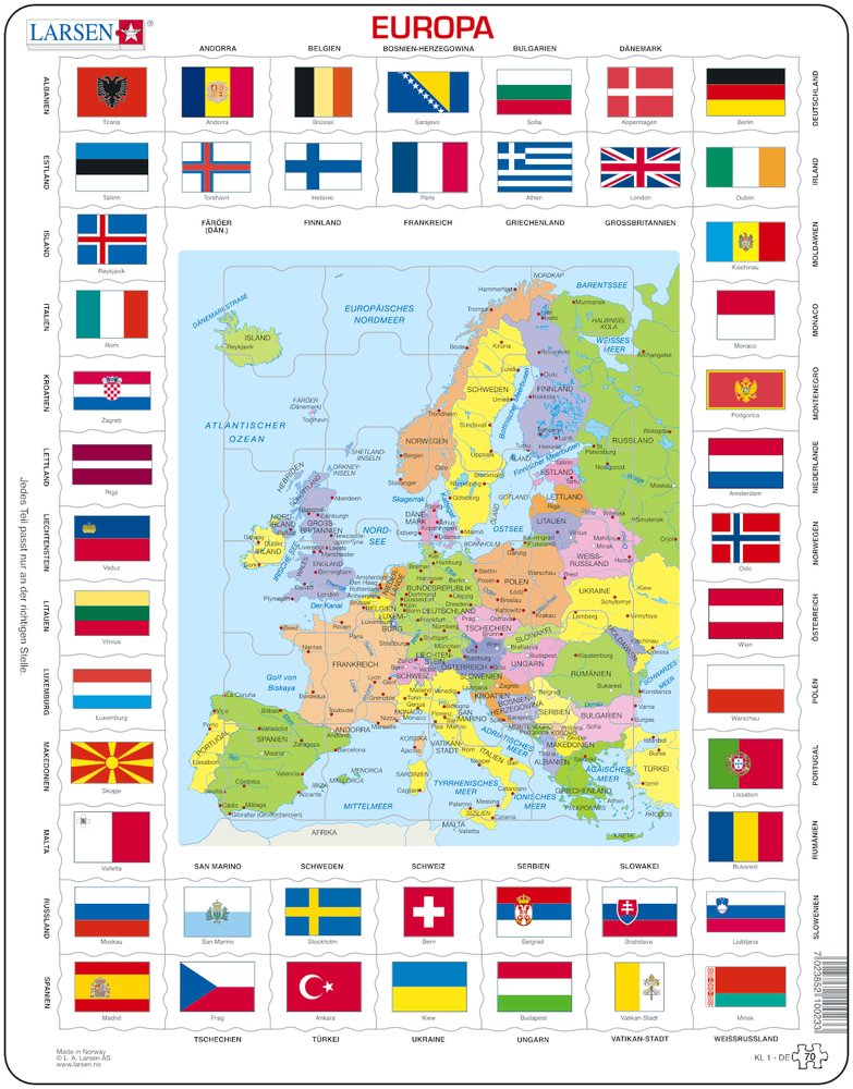 Larsen Puzzle Europa, mit Länderflaggen am Rand 70-tlg.