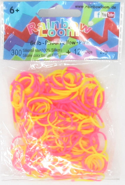 Rainbow Loom Gummibänder Gelb-Pink Inh.: 300 Bänder 100 % Silikon + 12 C-Clips